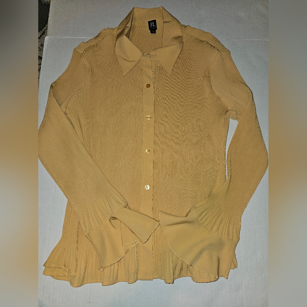 Jennifer L Loyd Lloyd Mustard Yellow Crinkled Chiffon Top Retro 2X